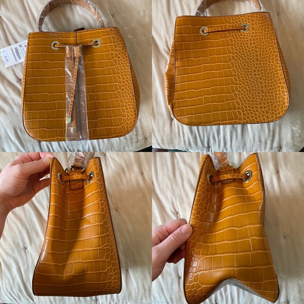NWT Zara croc embossed faux leather top handle long strap bucket bag mustard - Picture 8 of 12